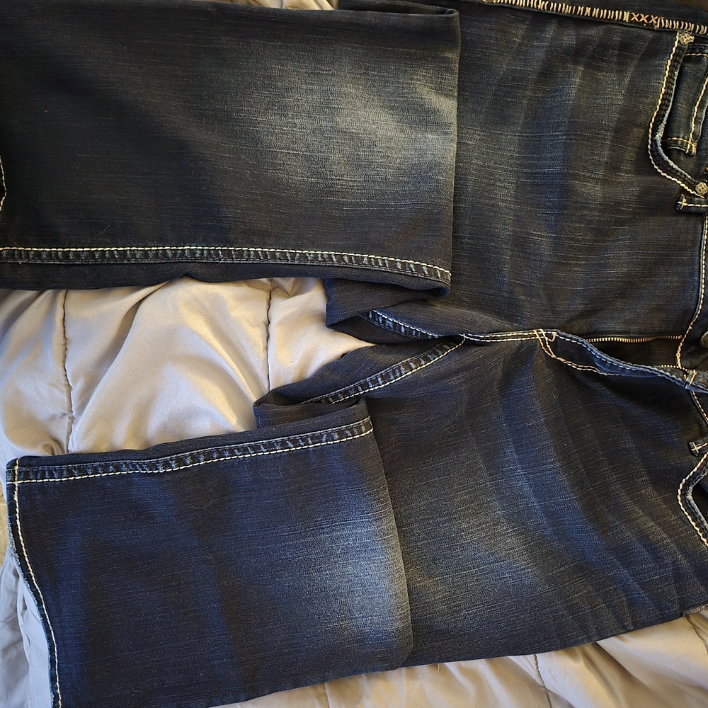 Silver Jeans dark gray denim with yellow stitching